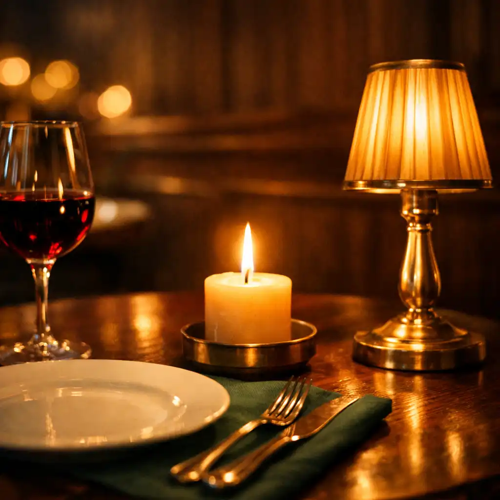 Ciepłe światło świecy i mosiężnej lampy na stole w Supper Garden