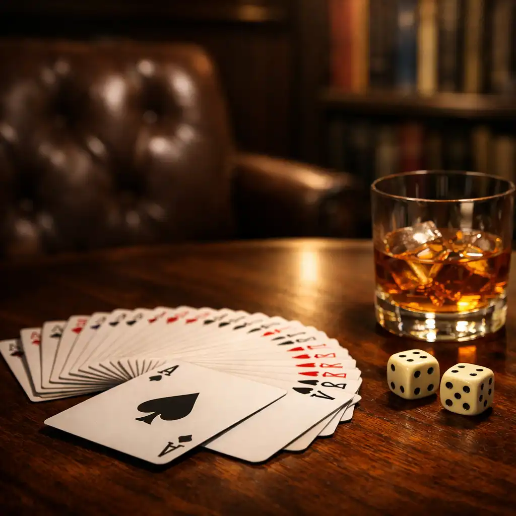 Card room Supper Garden z ciemnym stołem, kartami, kostkami i skórzanym fotelem