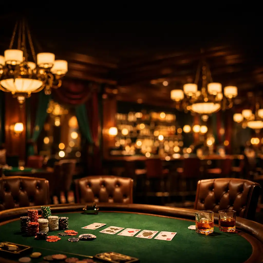 Eleganckie wnętrze Casino Lounge Supper Garden z zielonym stołem do pokera, skórzanymi fotelami i ciepłym oświetleniem
