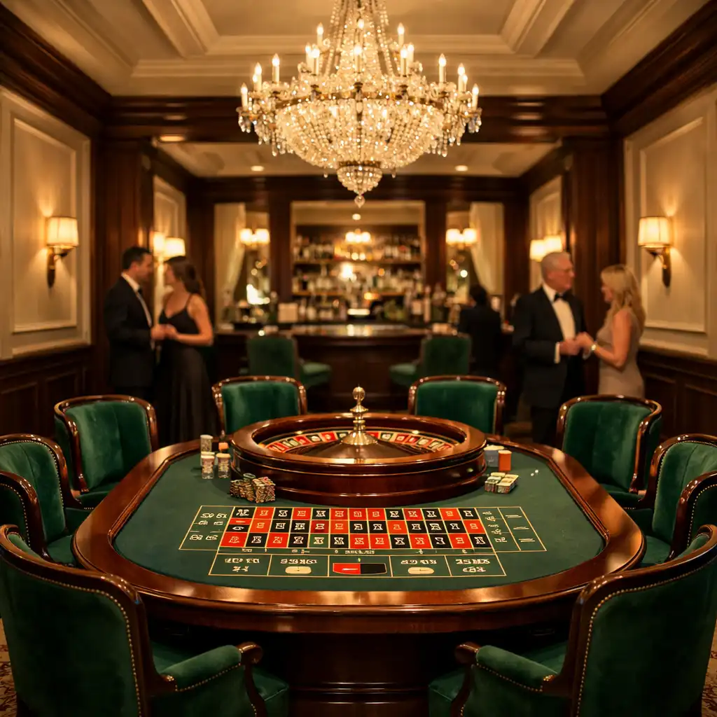Stół do ruletki w eleganckim wnętrzu Casino Lounge z kryształowym żyrandolem i szmaragdowymi fotelami