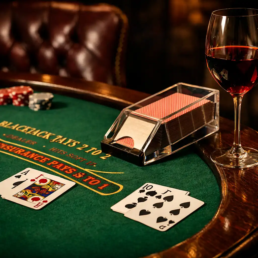 Zbliżenie na stół do blackjacka z kartami, kieliszkiem czerwonego wina i burgundowym fotelem