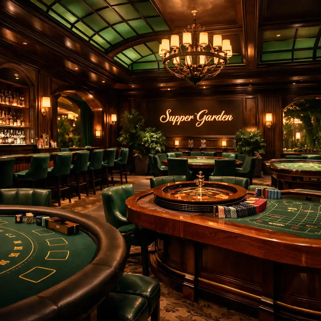 Eleganckie wnętrze casino lounge Supper Garden z ciemnym drewnem i szmaragdowymi akcentami