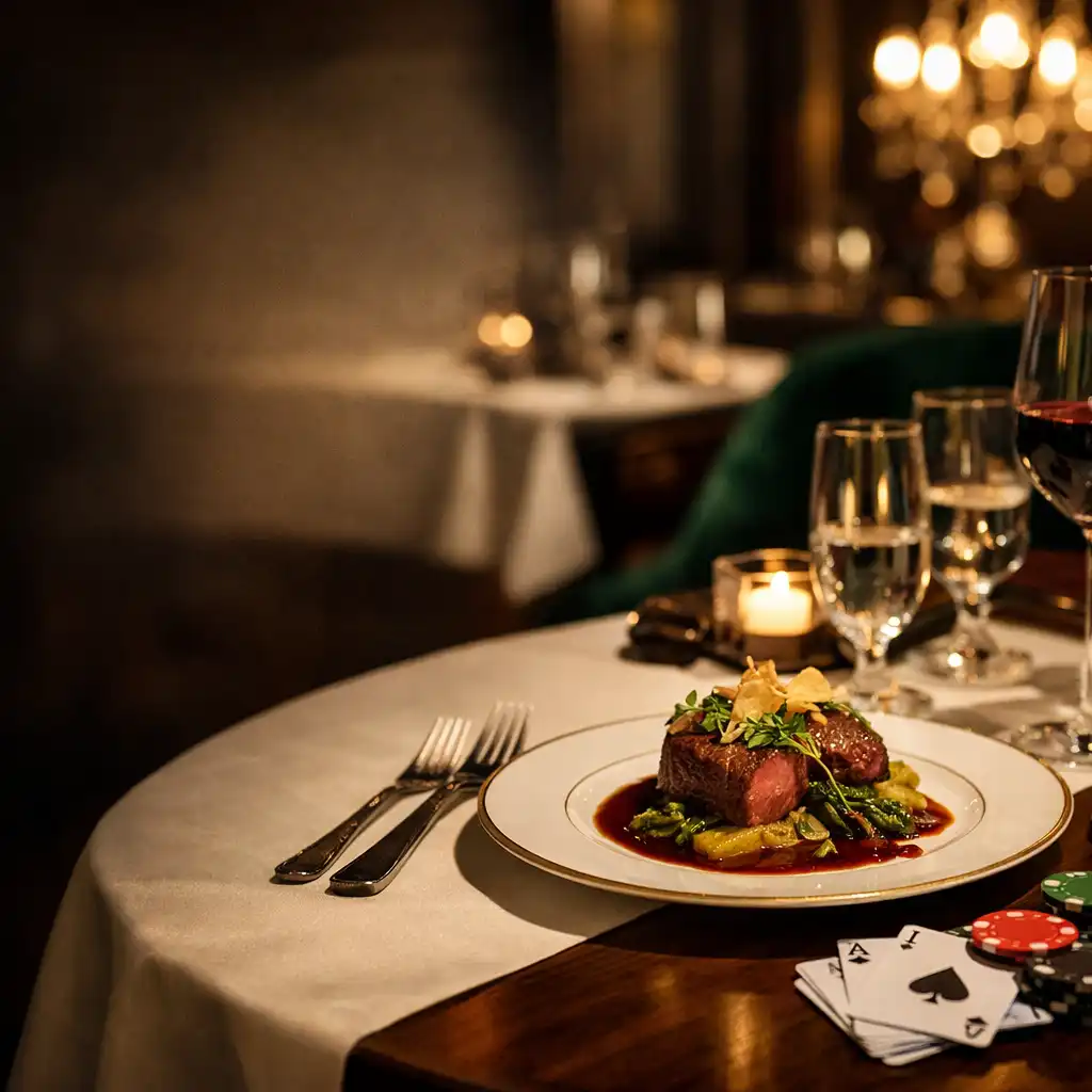 Elegancki stół w restauracji Supper Garden z wykwintnym daniem, kryształowymi kieliszkami i subtelnymi kartami do gry
