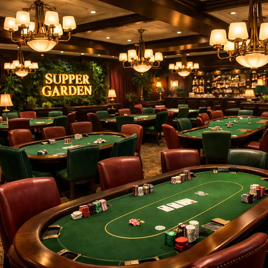 Pokój pokerowy Supper Garden z wieloma stołami, zielonym suknem i ciepłym oświetleniem