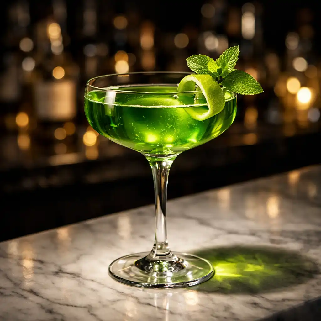 Koktajl Emerald Royale w kieliszku coupe z limonką i miętą